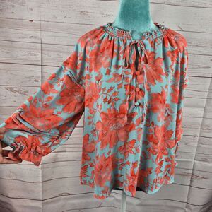 Zac & Rachel Womens Sz Large Top Blue Orange Floral Boho Fairy Festival Romantic